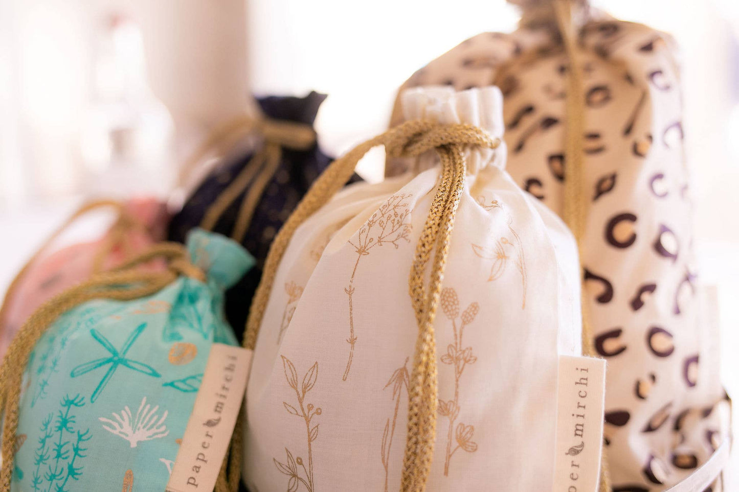 Reusable Fabric Gift Bags Double Drawstring - Hand Block Printed - Large - H33cm x W29cm / Night Sky