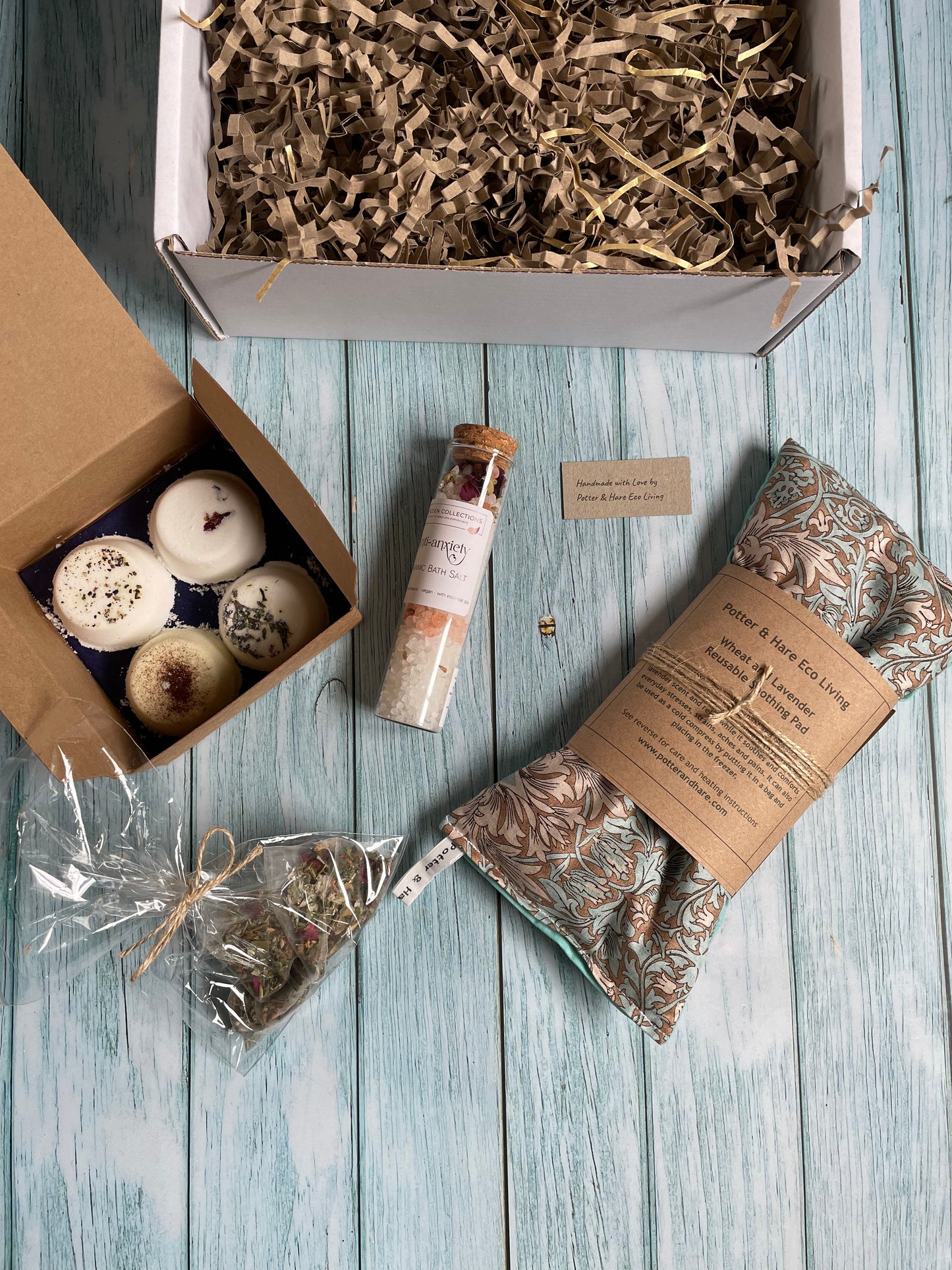 All Natural and Handmade Menopause Gift Set, Eco Menopause Gift Box containing aromatherapy shower steamers, heat pad, eye mask, bath salts and soothing tea bags