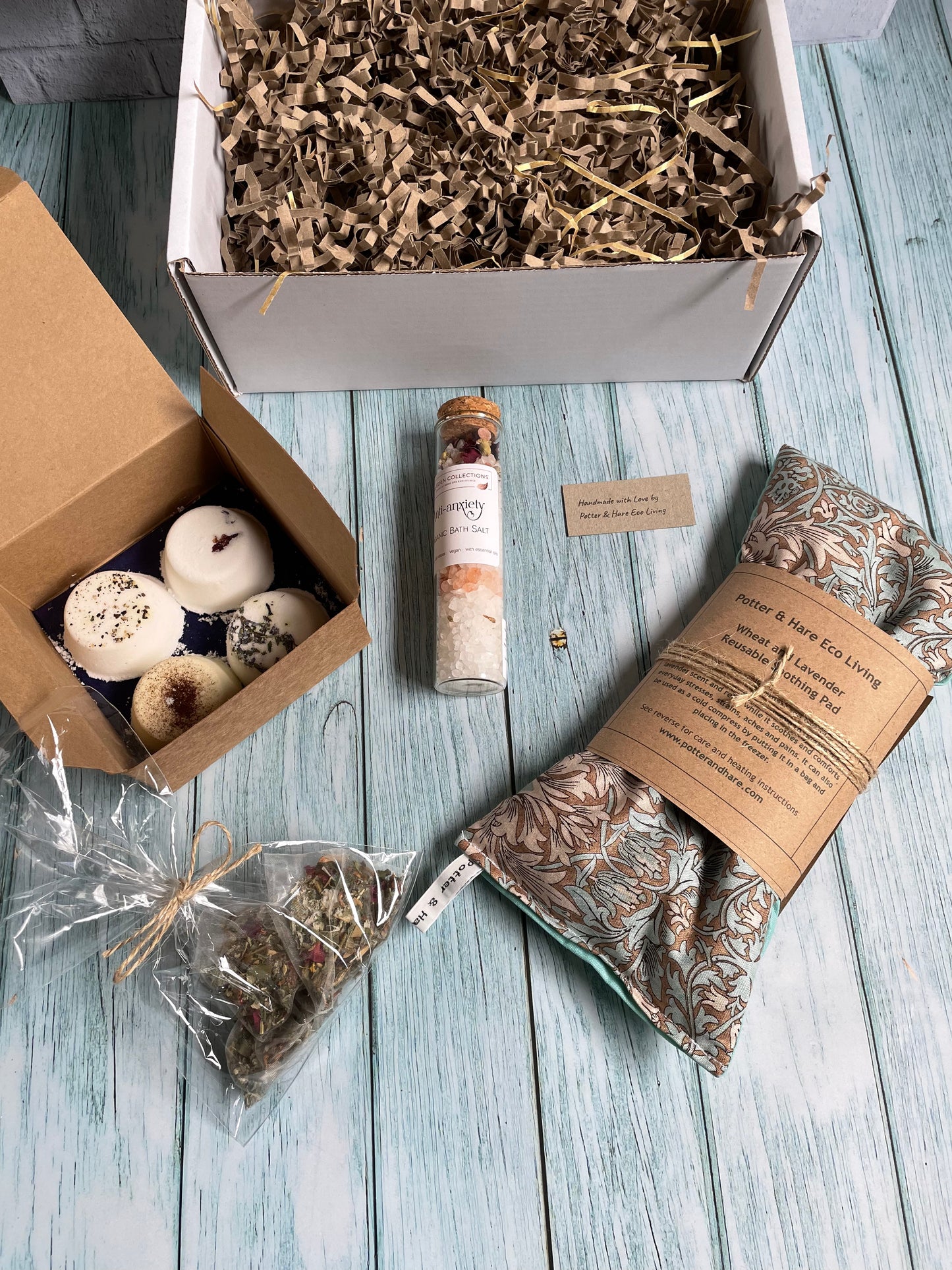 All Natural and Handmade Menopause Gift Set, Eco Menopause Gift Box containing aromatherapy shower steamers, heat pad, eye mask, bath salts and soothing tea bags