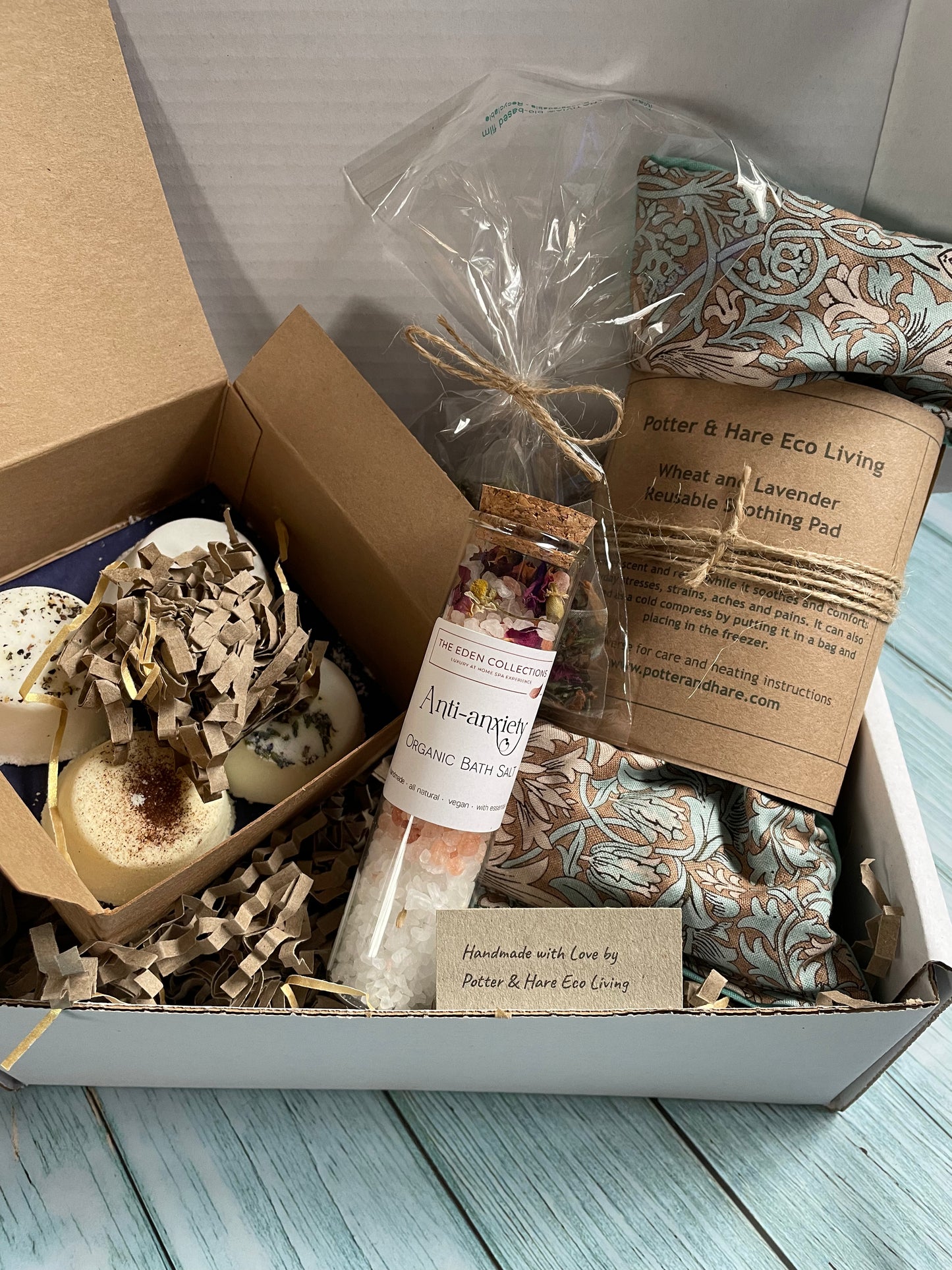 All Natural and Handmade Menopause Gift Set, Eco Menopause Gift Box containing aromatherapy shower steamers, heat pad, eye mask, bath salts and soothing tea bags