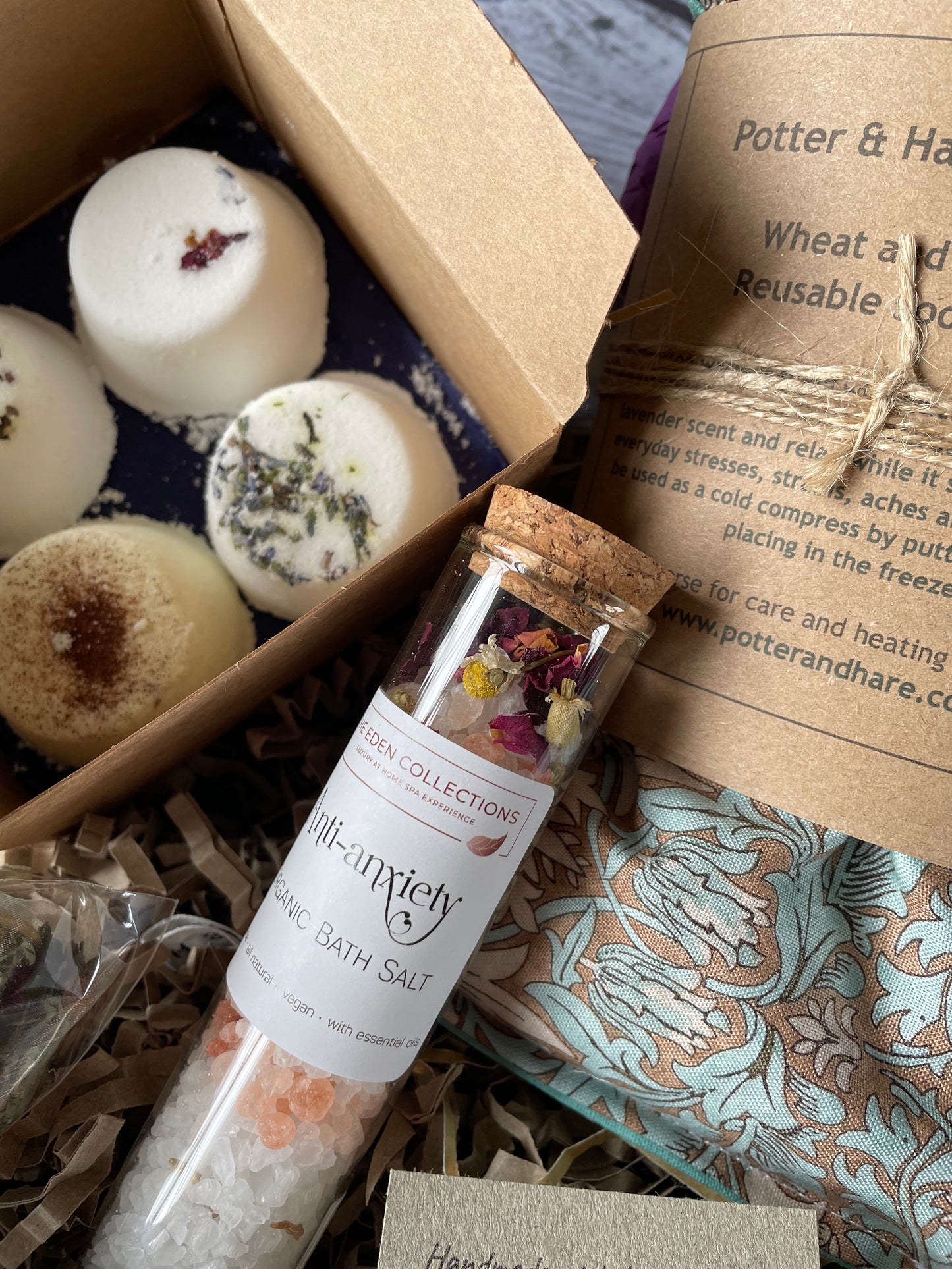 All Natural and Handmade Menopause Gift Set, Eco Menopause Gift Box containing aromatherapy shower steamers, heat pad, eye mask, bath salts and soothing tea bags