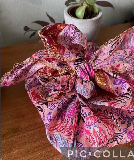 Handmade Fabric Gift Wrap 70cm x 70cm made by hand in India from recycled saris - Christmas Eco Wrapping