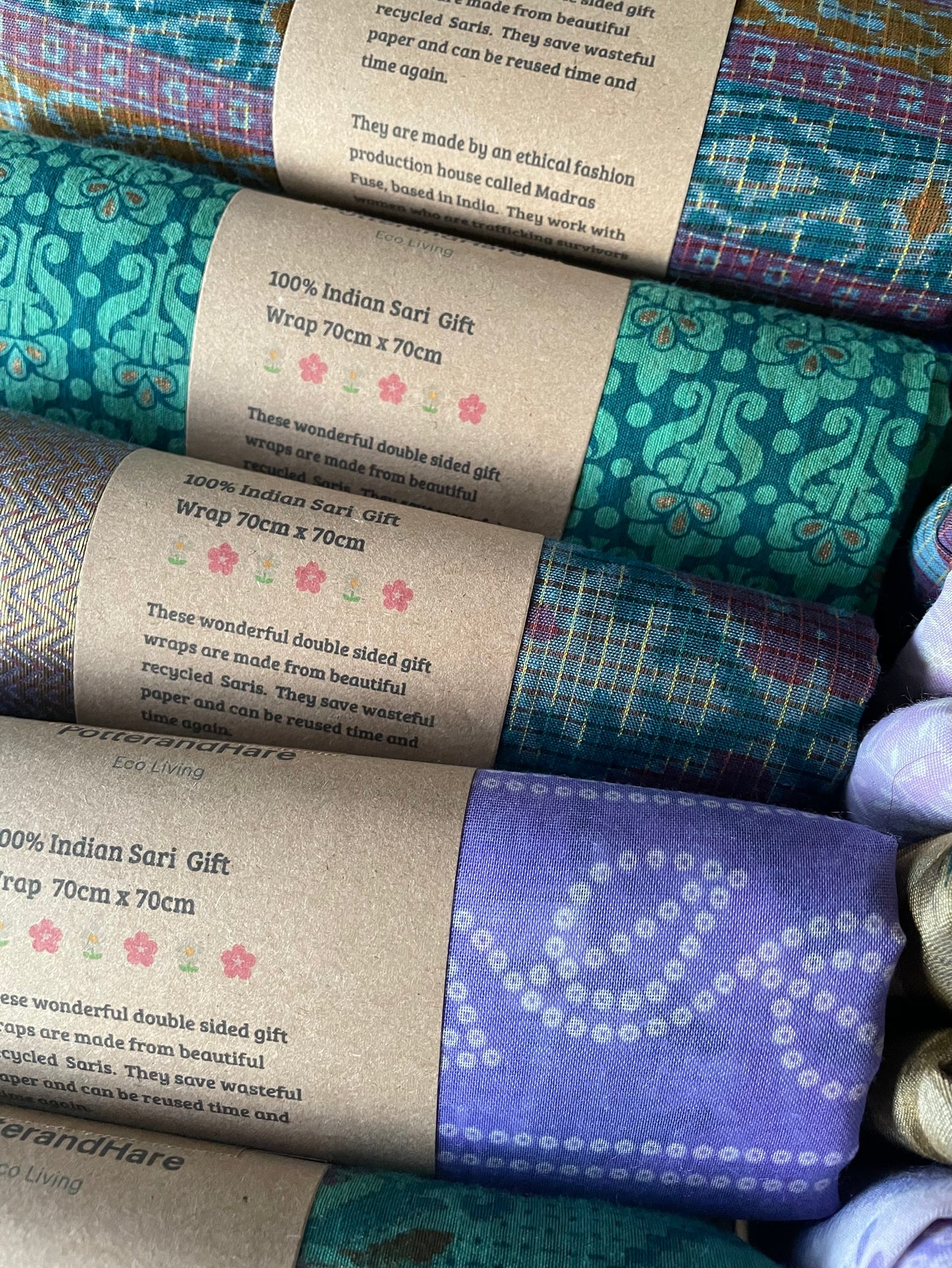 Handmade Fabric Gift Wrap 70cm x 70cm made by hand in India from recycled saris - Christmas Eco Wrapping
