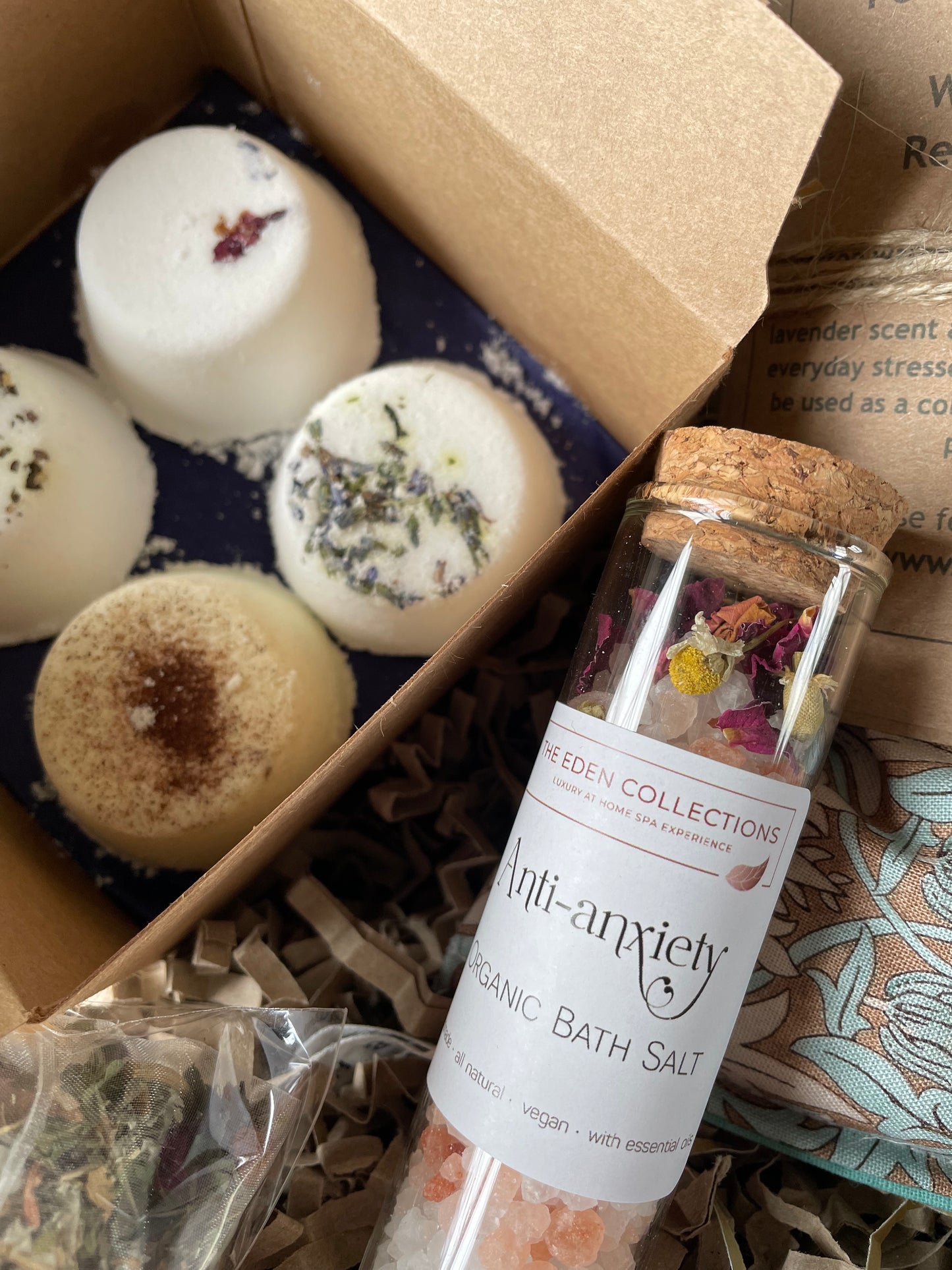 All Natural and Handmade Menopause Gift Set, Eco Menopause Gift Box containing aromatherapy shower steamers, heat pad, eye mask, bath salts and soothing tea bags
