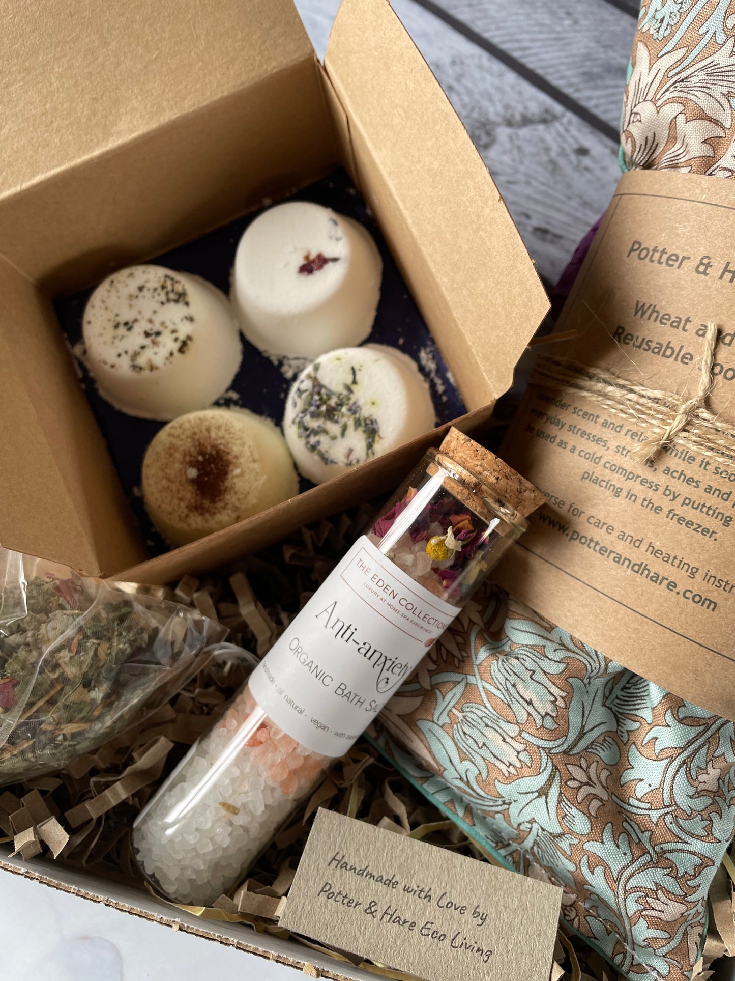 All Natural and Handmade Menopause Gift Set, Eco Menopause Gift Box containing aromatherapy shower steamers, heat pad, eye mask, bath salts and soothing tea bags