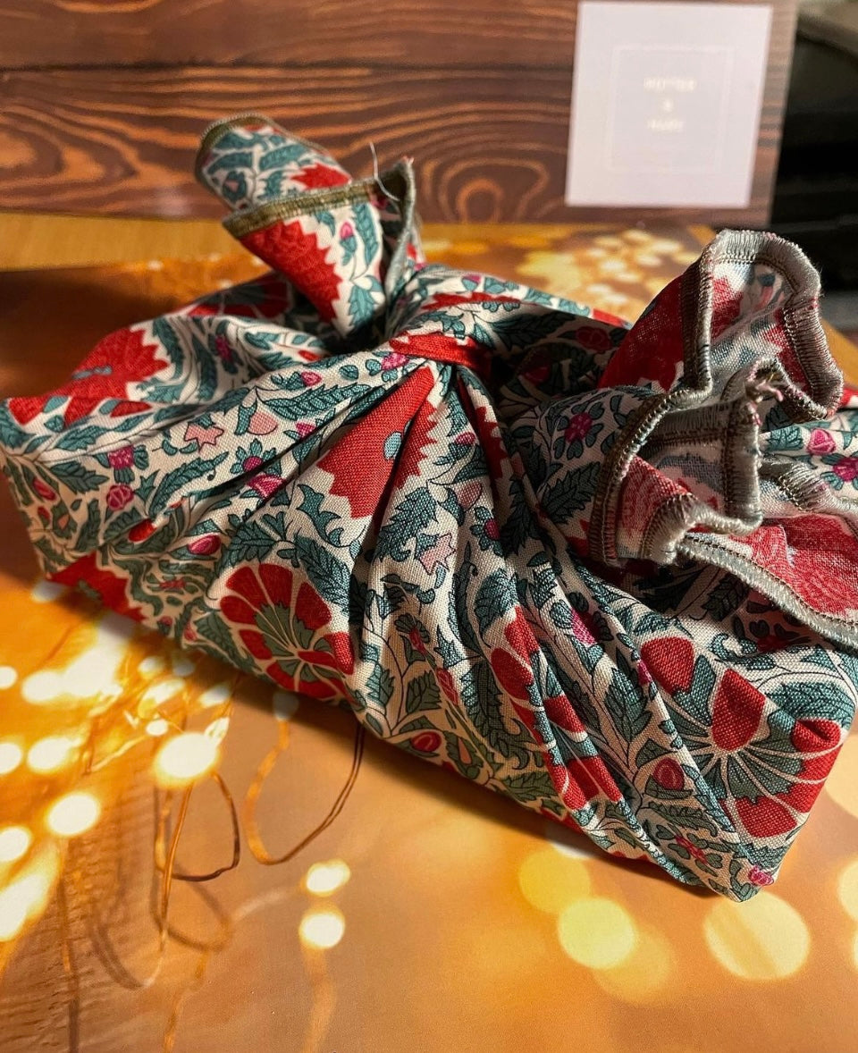 Handmade Fabric Gift Wrap 70cm x 70cm made by hand in India from recycled saris - Christmas Eco Wrapping