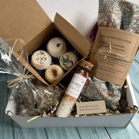 All Natural and Handmade Menopause Gift Set, Eco Menopause Gift Box containing aromatherapy shower steamers, heat pad, eye mask, bath salts and soothing tea bags
