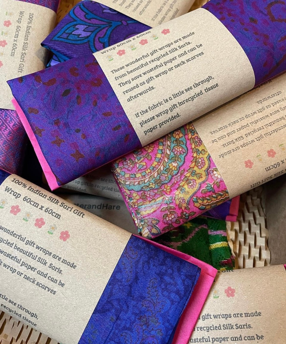 Handmade Fabric Gift Wrap 70cm x 70cm made by hand in India from recycled saris - Christmas Eco Wrapping