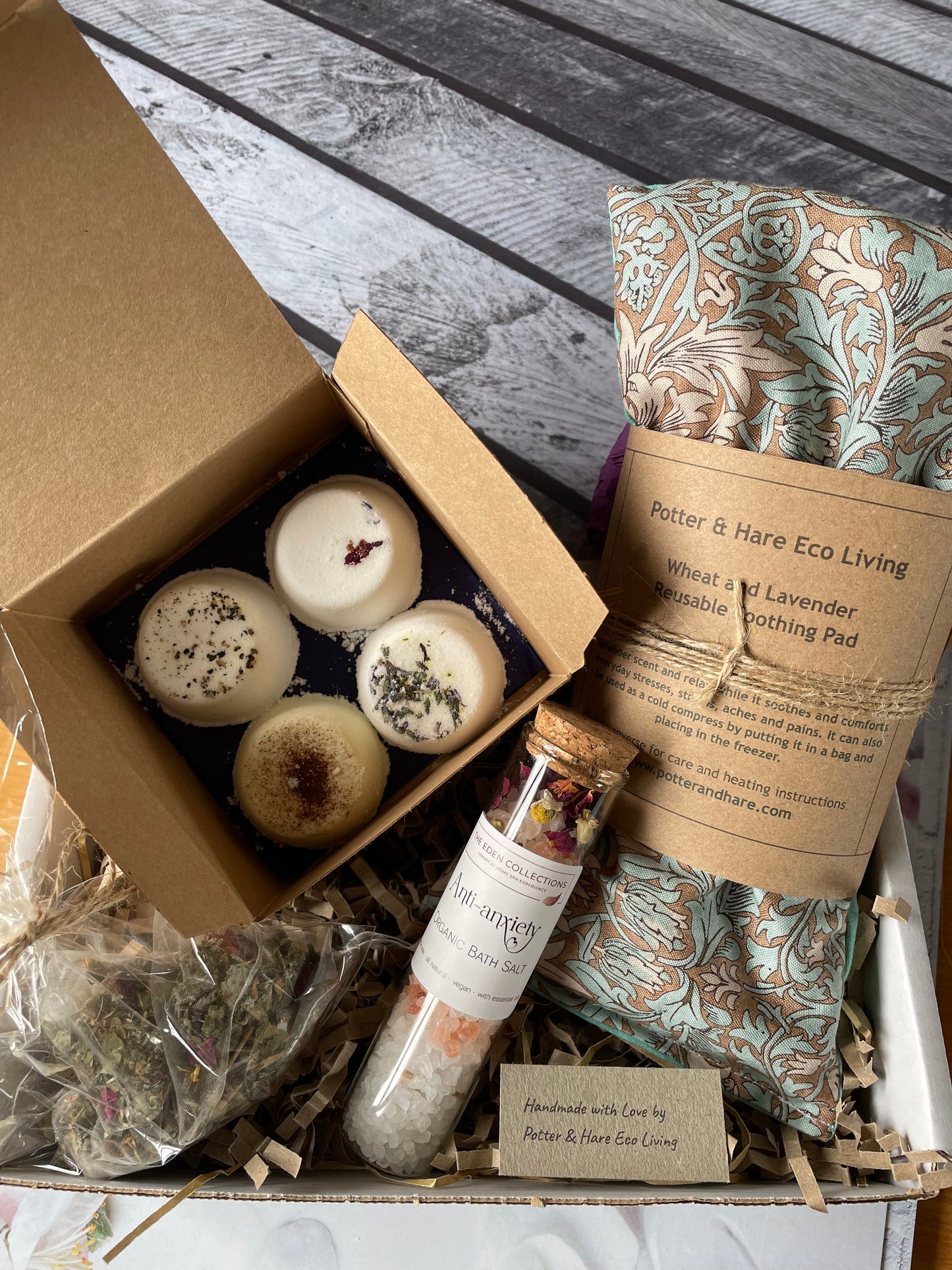 All Natural and Handmade Menopause Gift Set, Eco Menopause Gift Box containing aromatherapy shower steamers, heat pad, eye mask, bath salts and soothing tea bags