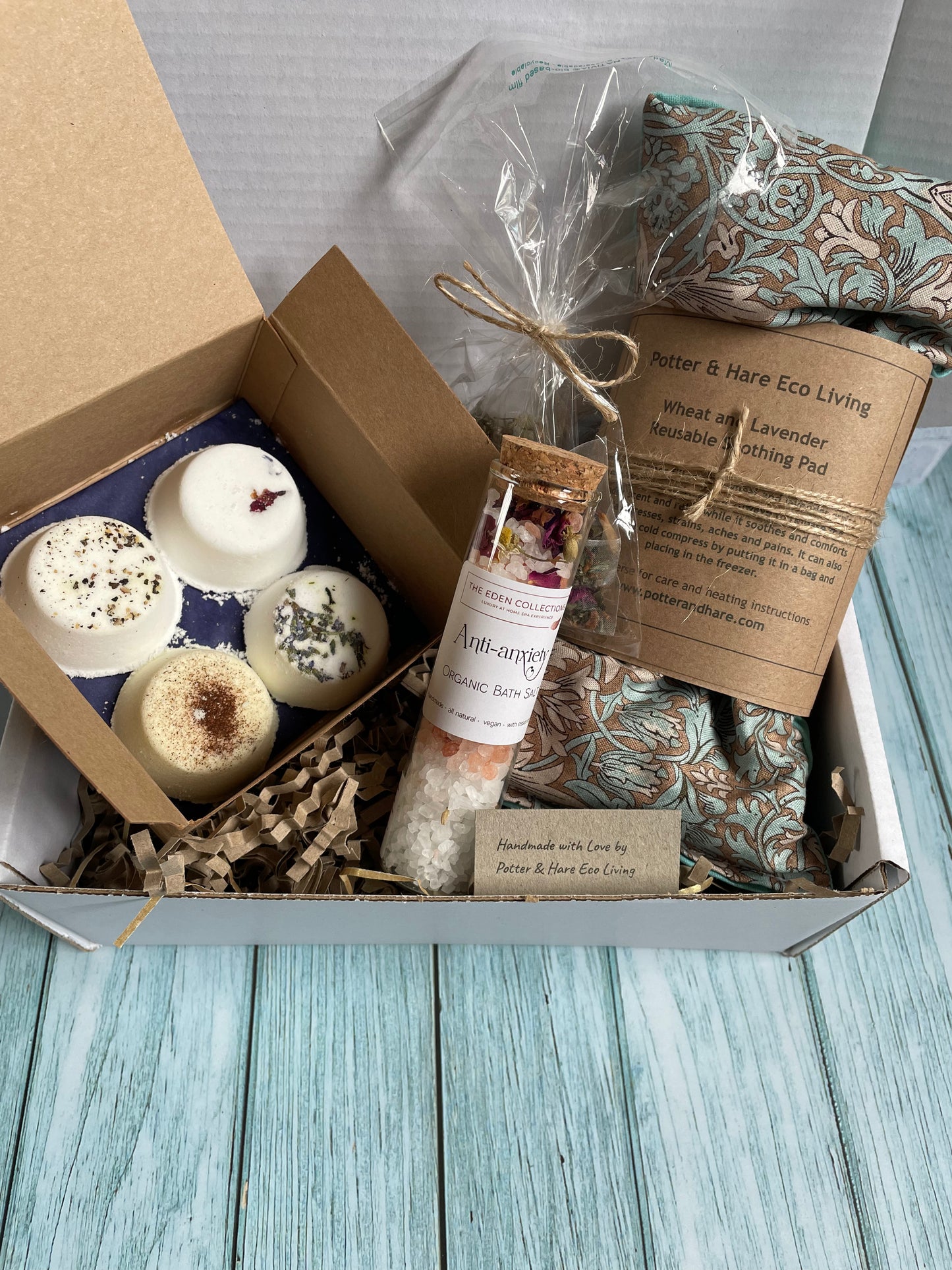 All Natural and Handmade Menopause Gift Set, Eco Menopause Gift Box containing aromatherapy shower steamers, heat pad, eye mask, bath salts and soothing tea bags