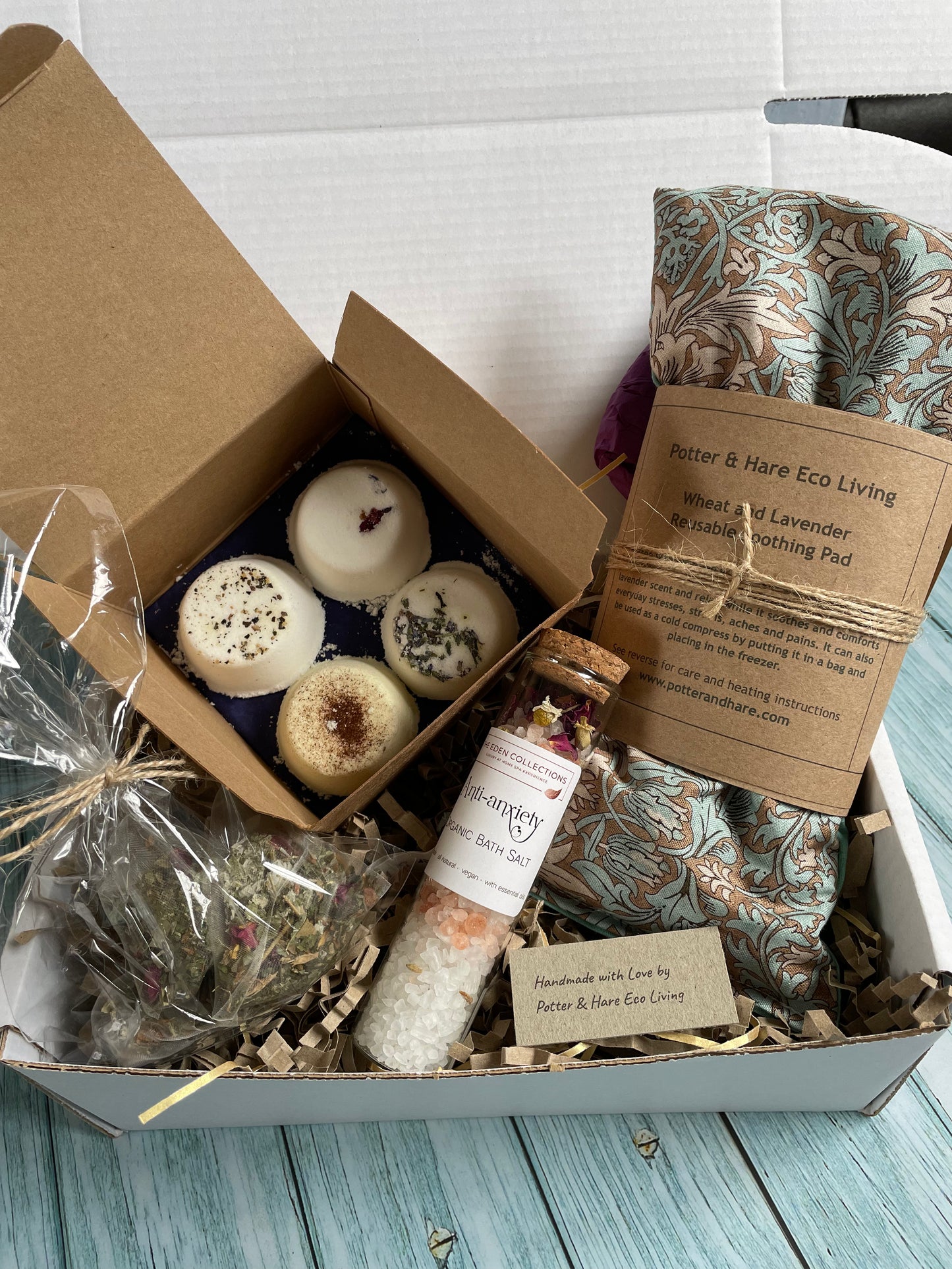 All Natural and Handmade Menopause Gift Set, Eco Menopause Gift Box containing aromatherapy shower steamers, heat pad, eye mask, bath salts and soothing tea bags