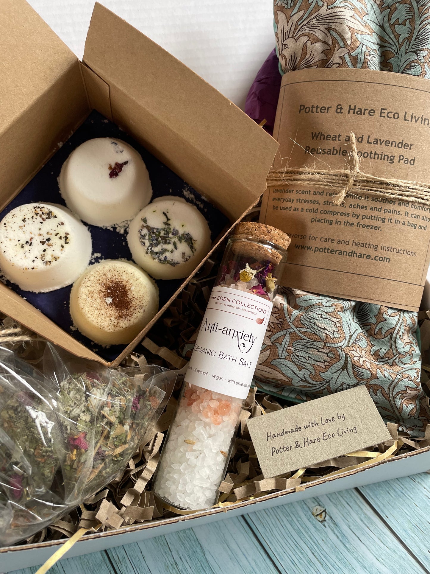 All Natural and Handmade Menopause Gift Set, Eco Menopause Gift Box containing aromatherapy shower steamers, heat pad, eye mask, bath salts and soothing tea bags