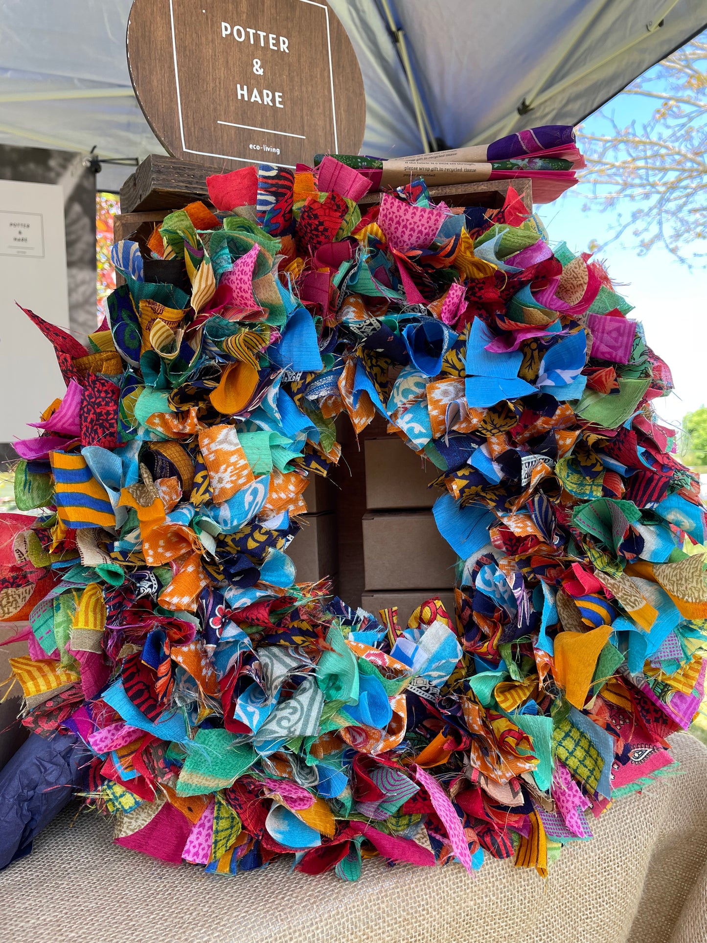 Handmade Upcycled Sari Rag Wreath, Handmade Unusual Christmas Door Wreath