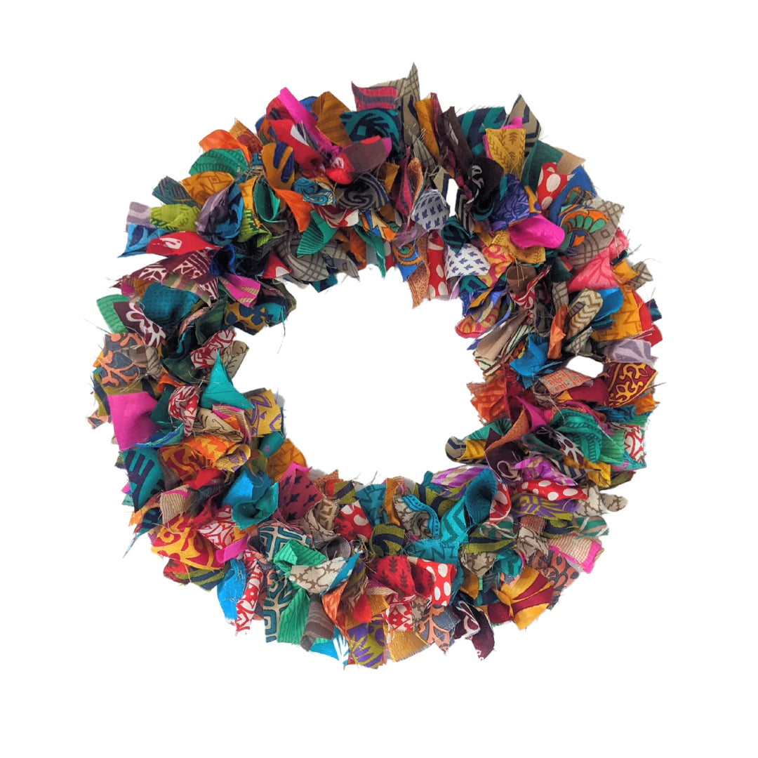Handmade Upcycled Sari Rag Wreath, Handmade Unusual Christmas Door Wreath