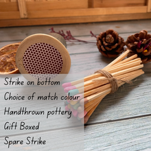 Load image into Gallery viewer, Design 9 Hand-thrown Match Pot and Strike, Matches and Strike Pad, Multi-Coloured Extra Long Matches, Gift for Candle Lovers, Matchstick Pot
