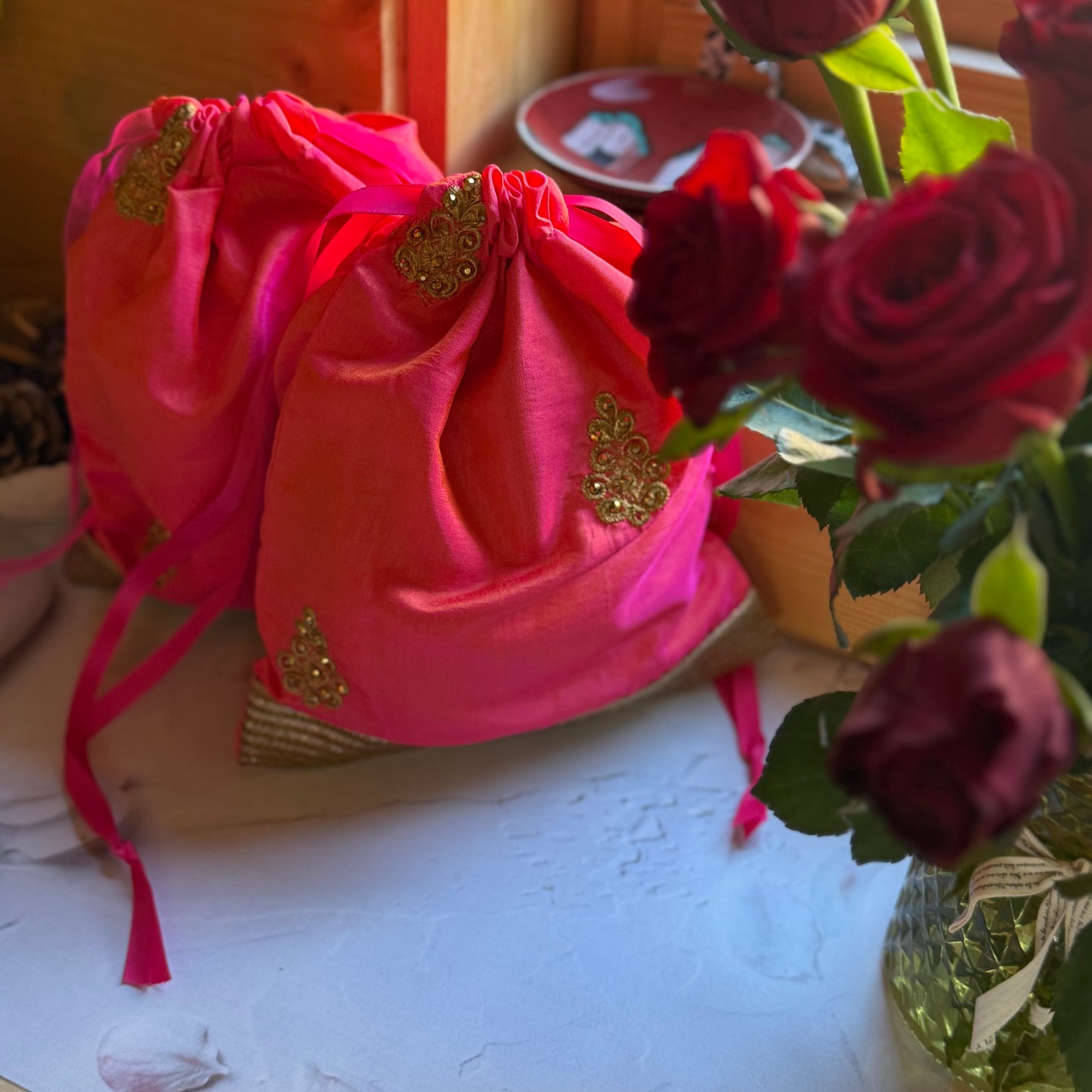 Handmade Orange and Gold Silk Gift Bag made from reclaimed saree fabric: Floral Drawstring Pouch