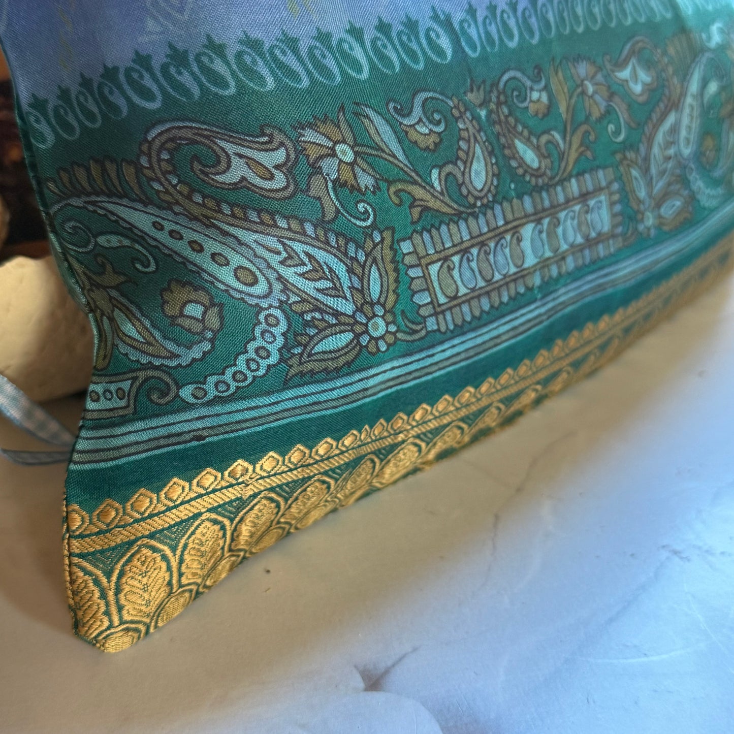 Handmade Blue Silk Gift Bag with Green and Gold Band made from reclaimed saree fabric, Reusable Christmas Gift Bag,