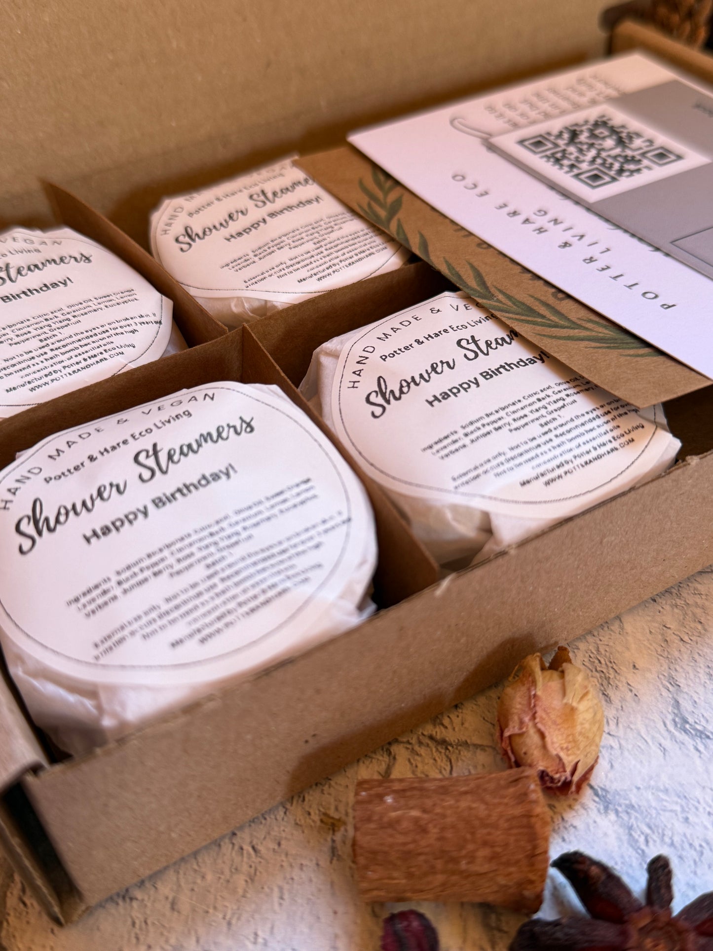 Happy Birthday Special Blend of Aromatherapy Shower Steamers, 4 Steamers Wrapped and presented in a gift box with bamboo Tray