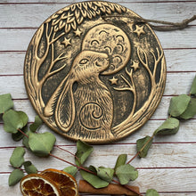 Load image into Gallery viewer, Large Bronze Terracotta Moon-Gazing Hare Plaque by Lisa Parker - 19cm diameter
