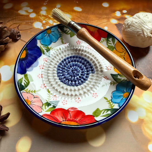 Anemone Design Ceramic Garlic, Ginger and Vegetable Grater Plate and with Brush (Optional), Garlic Grater Plate