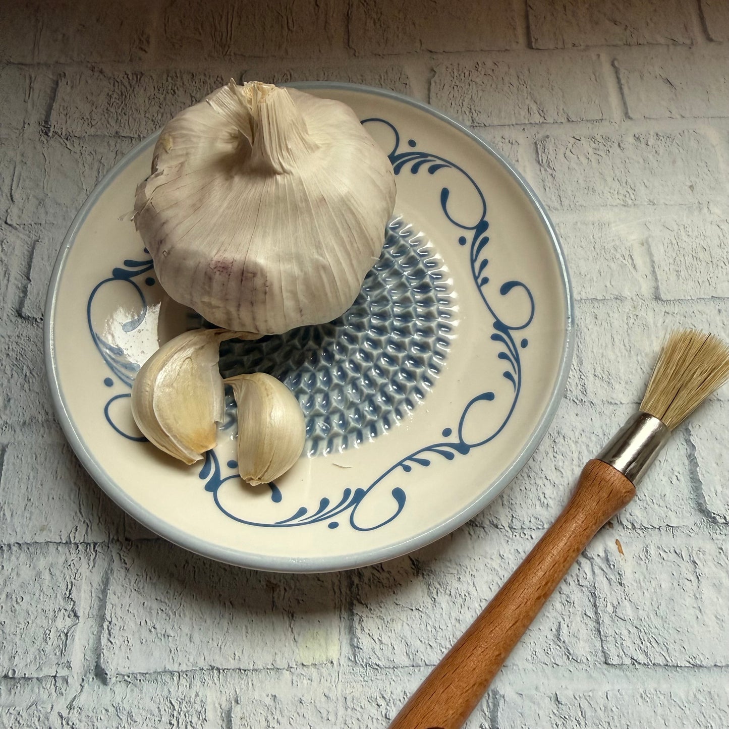 Handmade Ceramic Garlic, Ginger and Vegetable Grater Plate and with Brush (Optional), Garlic Grater Plate