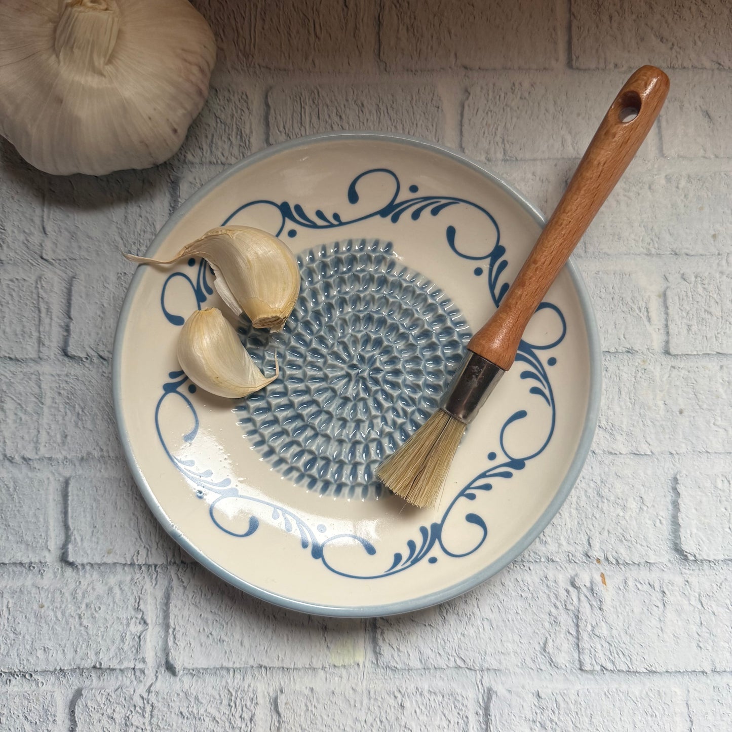Handmade Ceramic Garlic, Ginger and Vegetable Grater Plate and with Brush (Optional), Garlic Grater Plate
