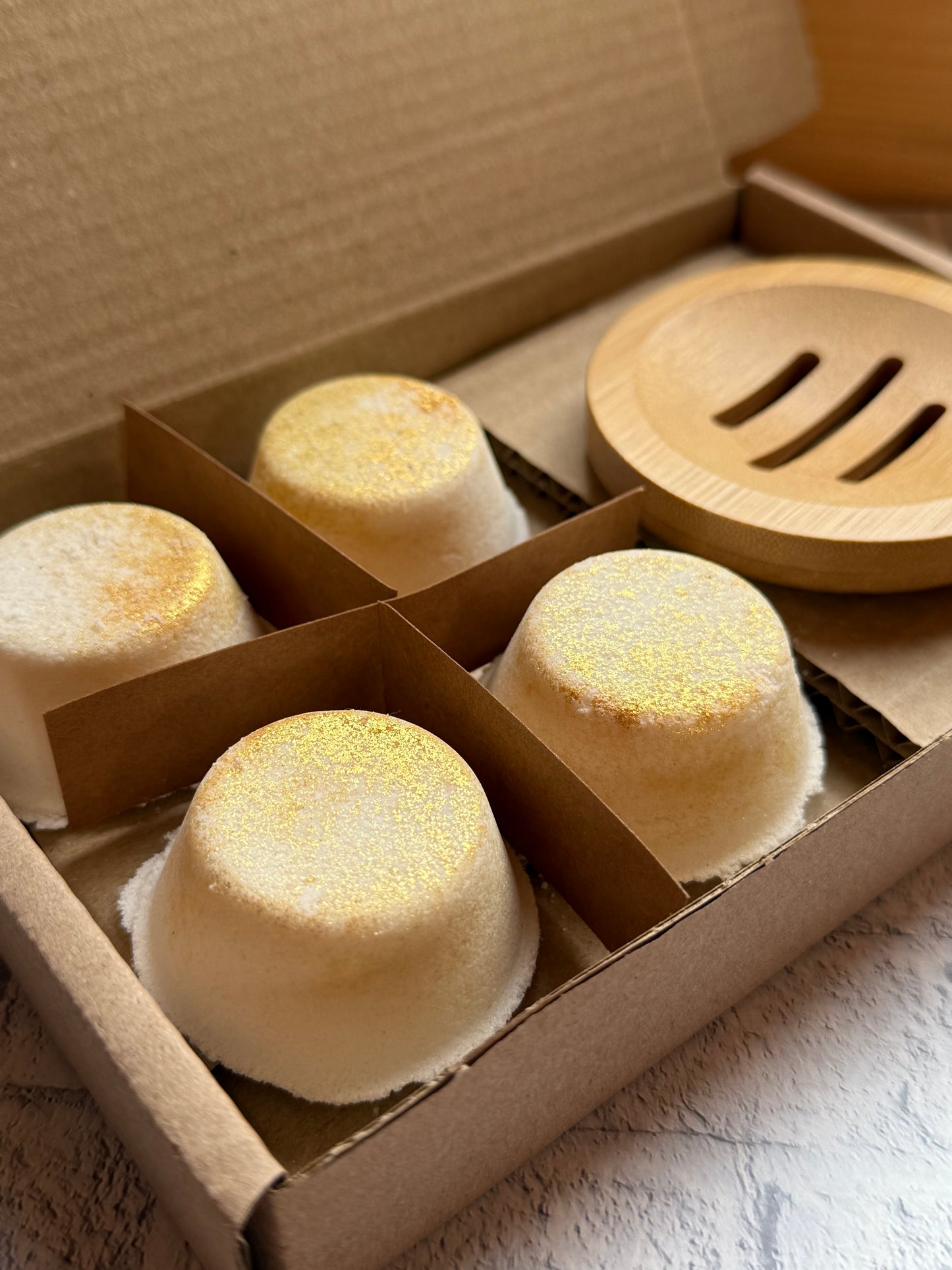 Happy Birthday Special Blend of Aromatherapy Shower Steamers, 4 Steamers Wrapped and presented in a gift box with bamboo Tray