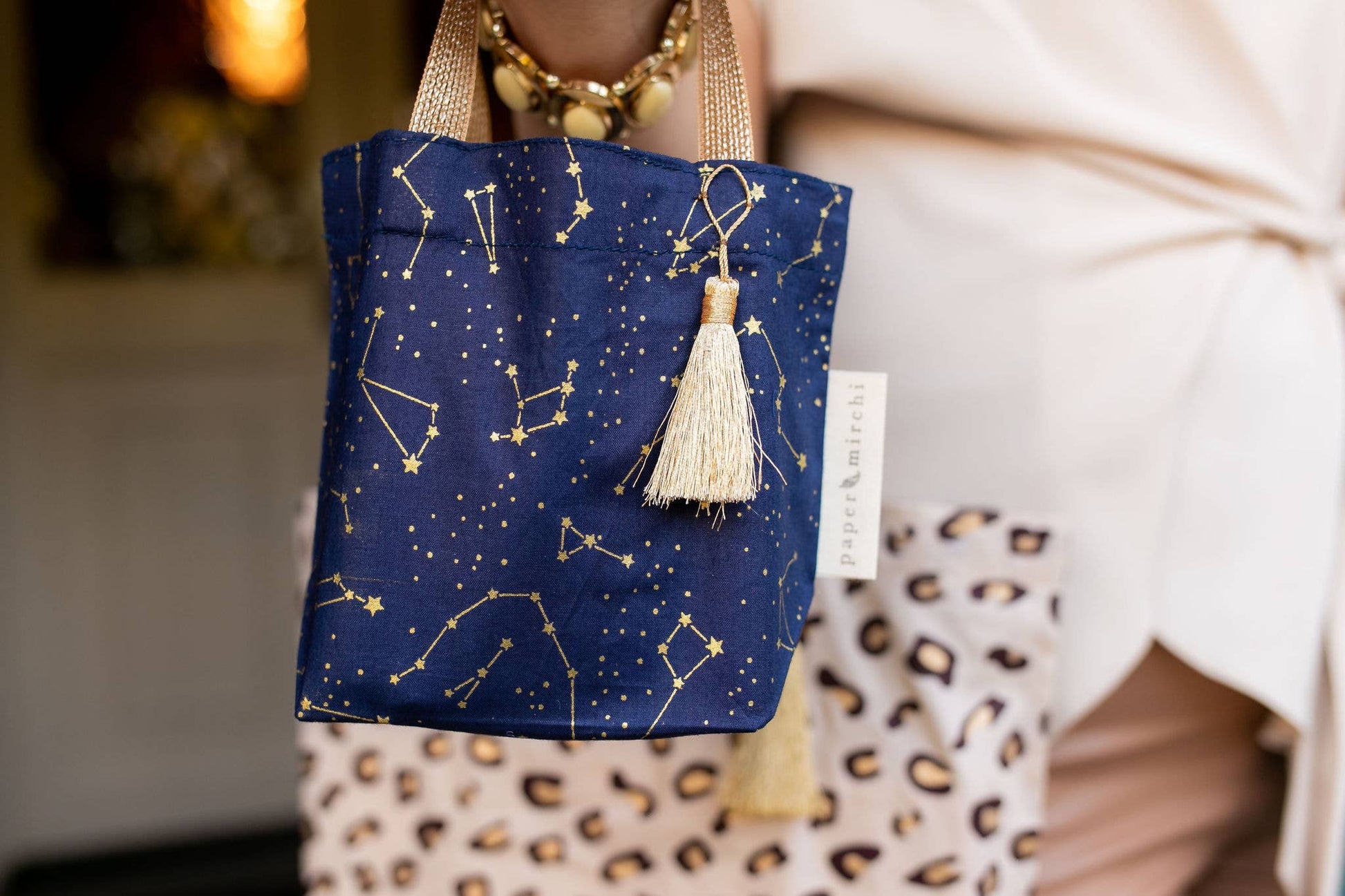 Reusable Fabric Gift Bags Tote Style - Hand-Block Printed Medium - H19cm x W23cm x D9cm / Safari