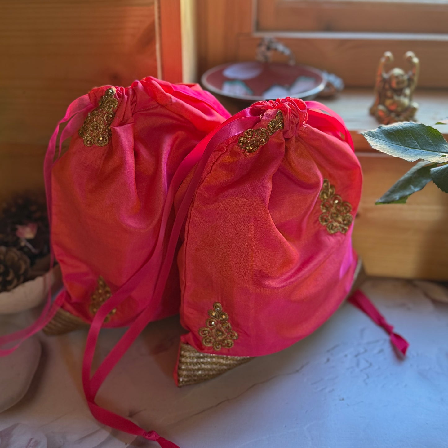 Handmade Orange and Gold Silk Gift Bag made from reclaimed saree fabric: Floral Drawstring Pouch