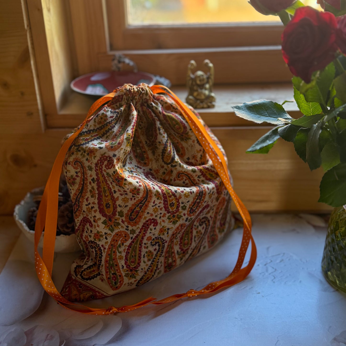 Handmade Paisley Silk Gift Bag made from reclaimed saree fabric: Floral Silk Drawstring Pouch, Reusable Wrap