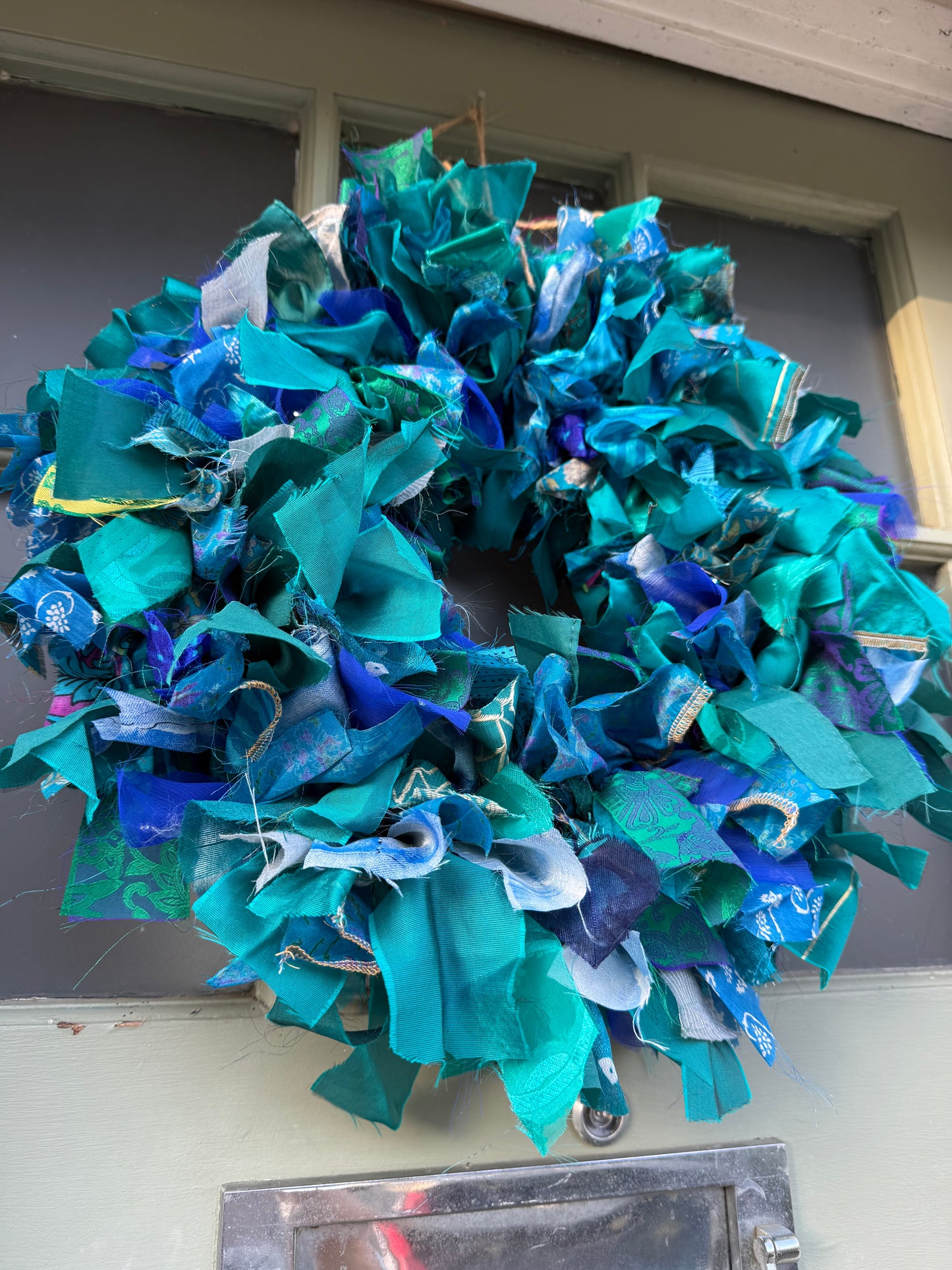 Handmade Upcycled Sari Rag Wreath, Handmade Unusual Christmas Door Wreath