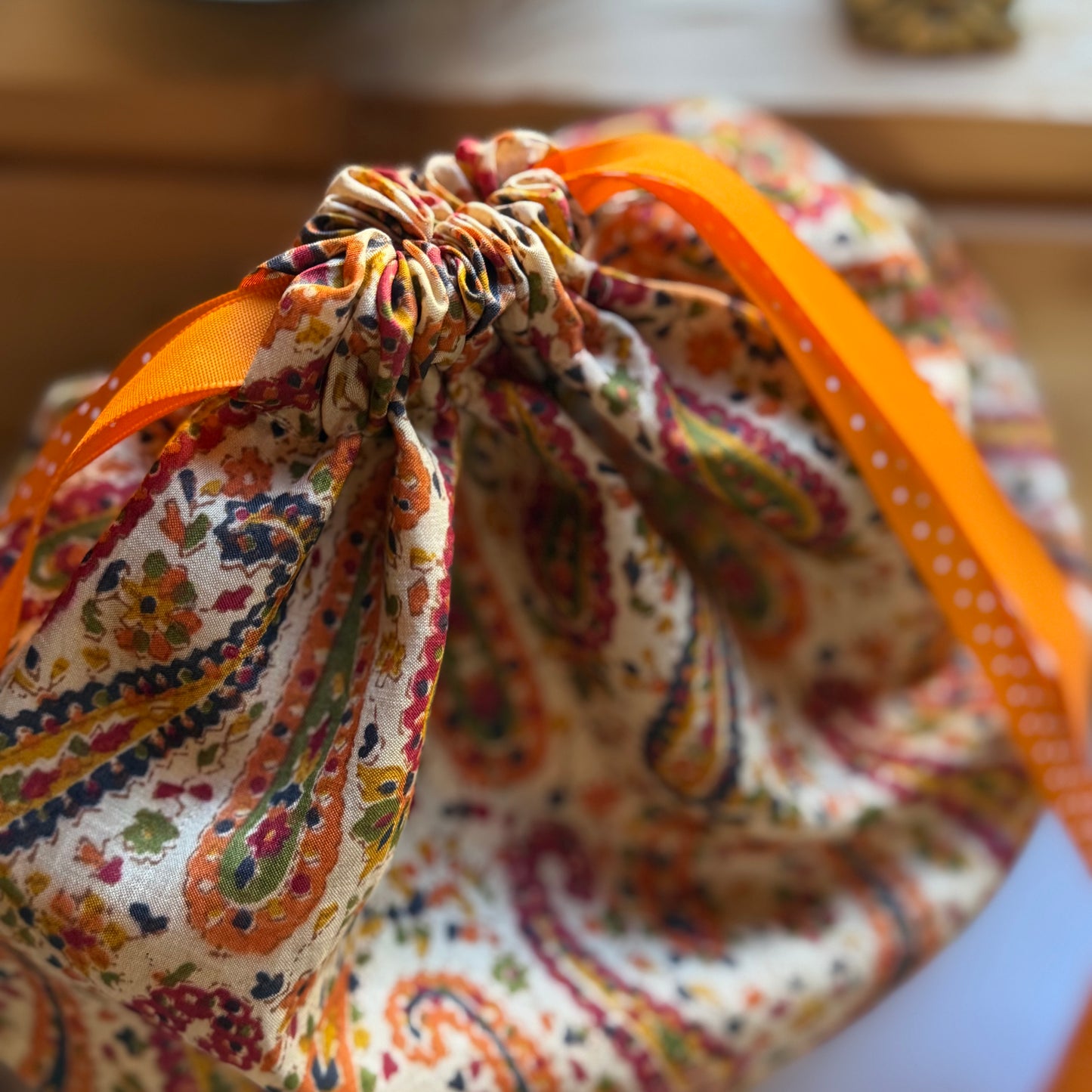 Handmade Paisley Silk Gift Bag made from reclaimed saree fabric: Floral Silk Drawstring Pouch, Reusable Wrap