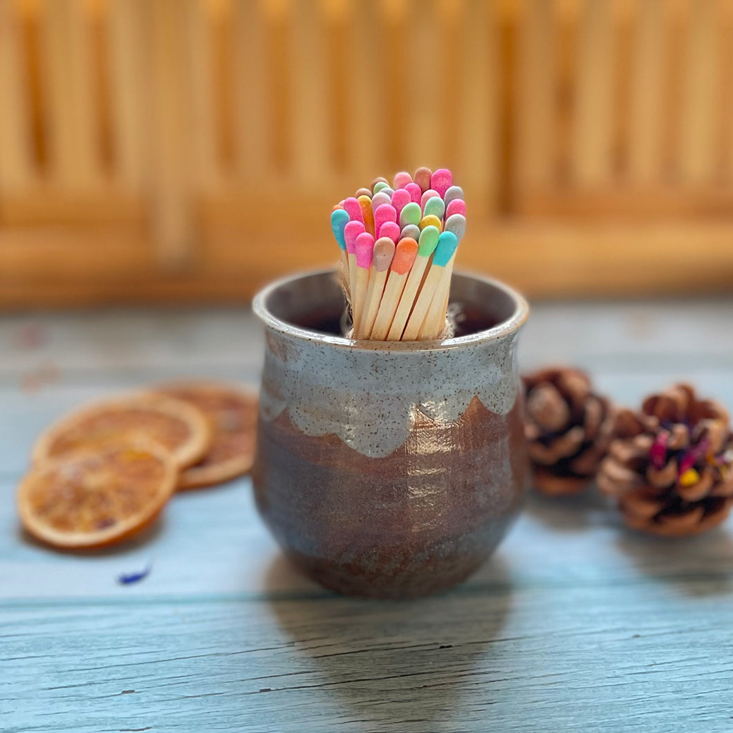 Design 1 Hand-thrown Match Pot and Strike, Matches and Strike Pad, Multi-Coloured Extra Long Matches, Gift for Candle Lovers, Matchstick Pot
