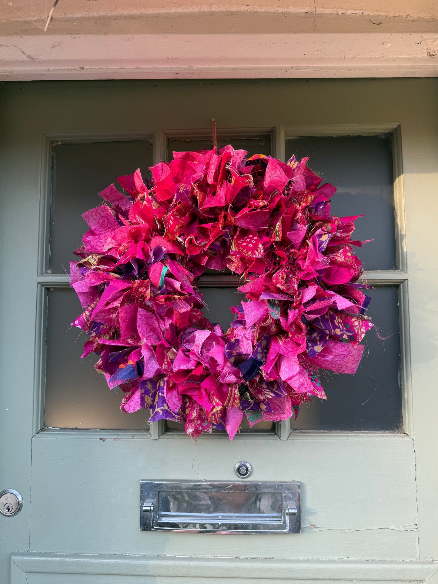 Handmade Upcycled Sari Rag Wreath, Handmade Unusual Christmas Door Wreath