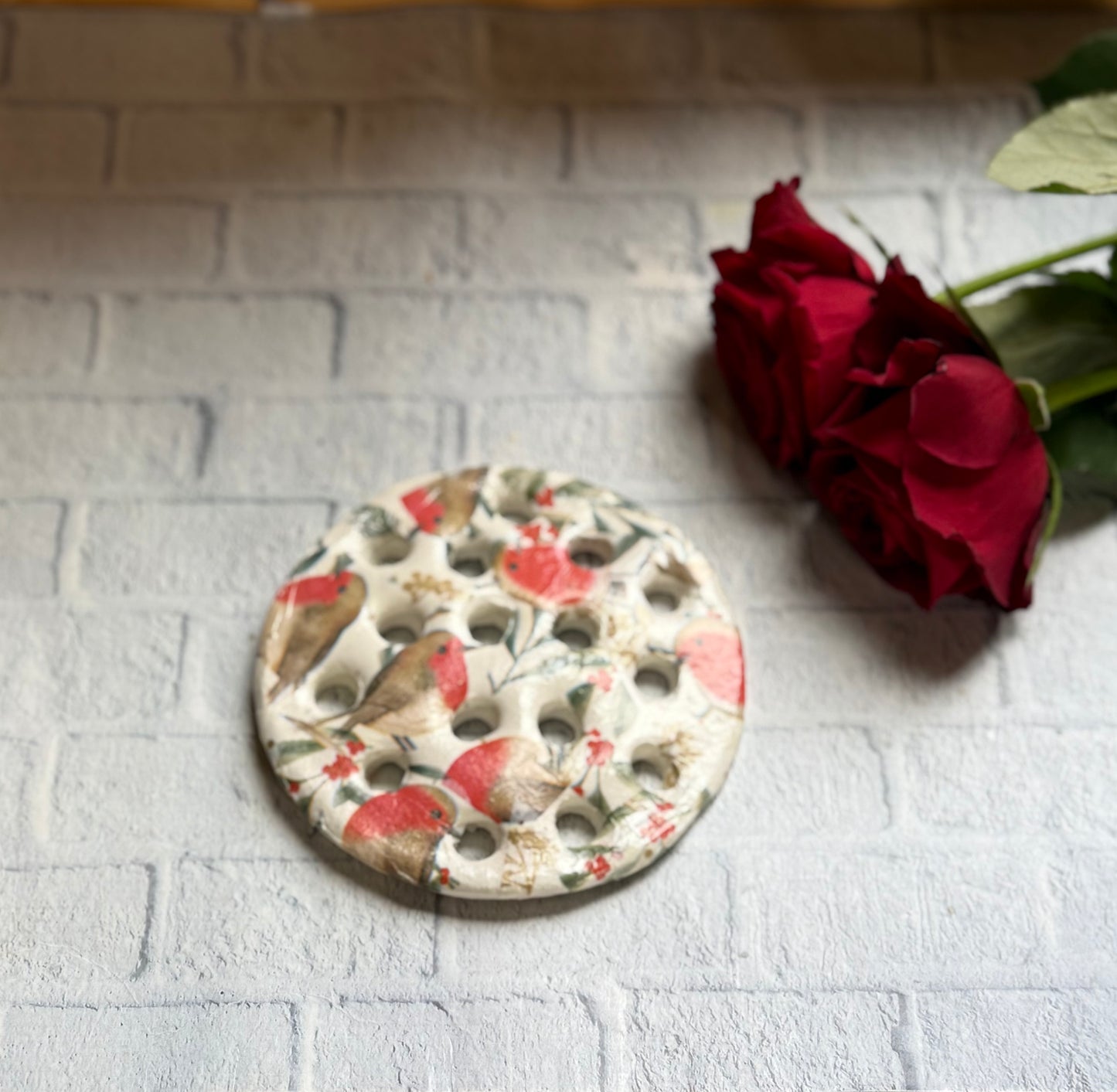 Handmade Christmas Robin Flower Frog: Ceramic Floral Arranging Disc