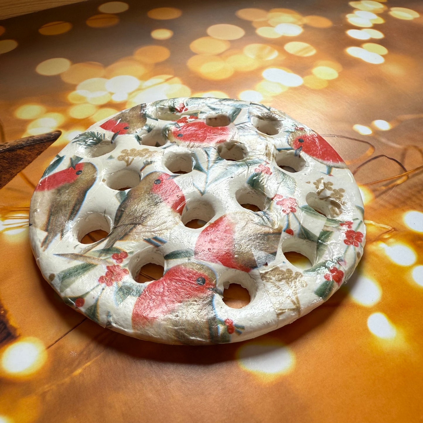 Handmade Christmas Robin Flower Frog: Ceramic Floral Arranging Disc