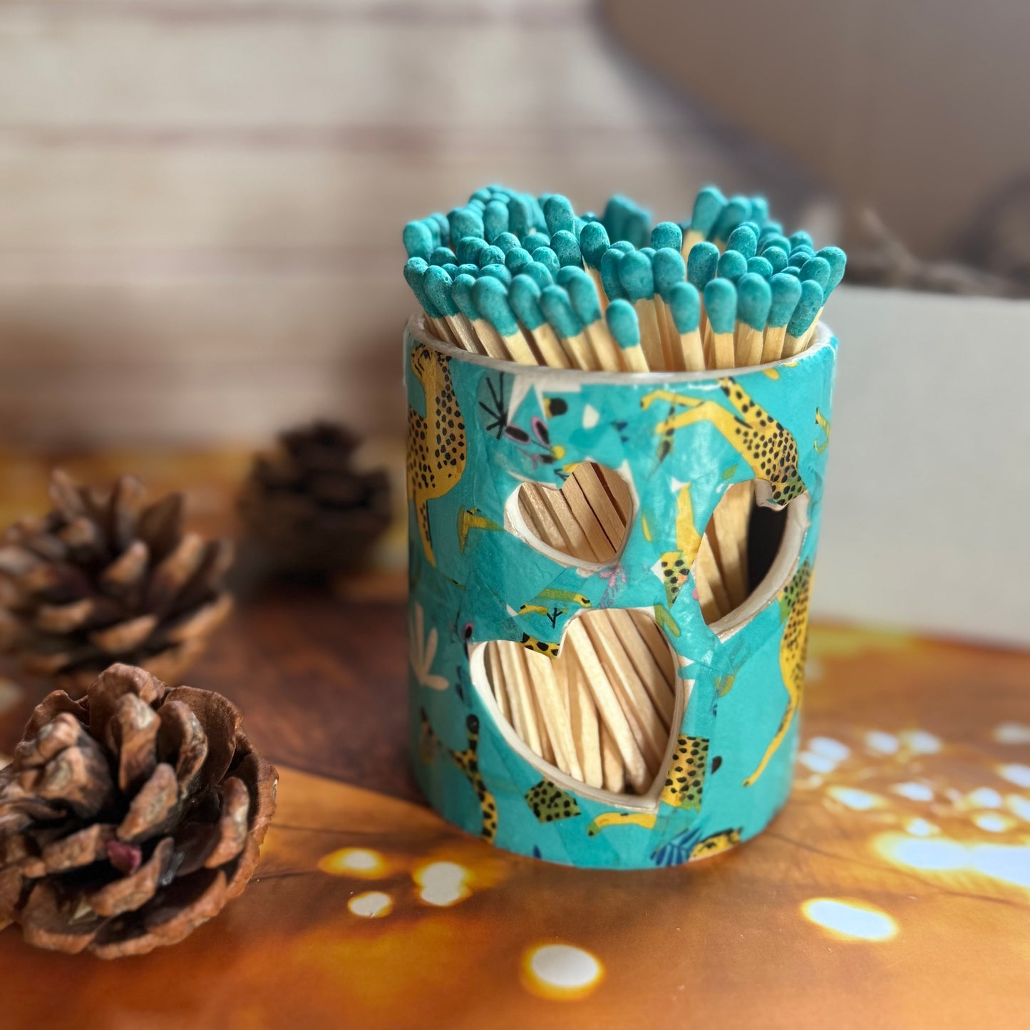 Turquoise Cheetah Hand Decorated Match Pot with Strike and Turquoise 10cm Matches