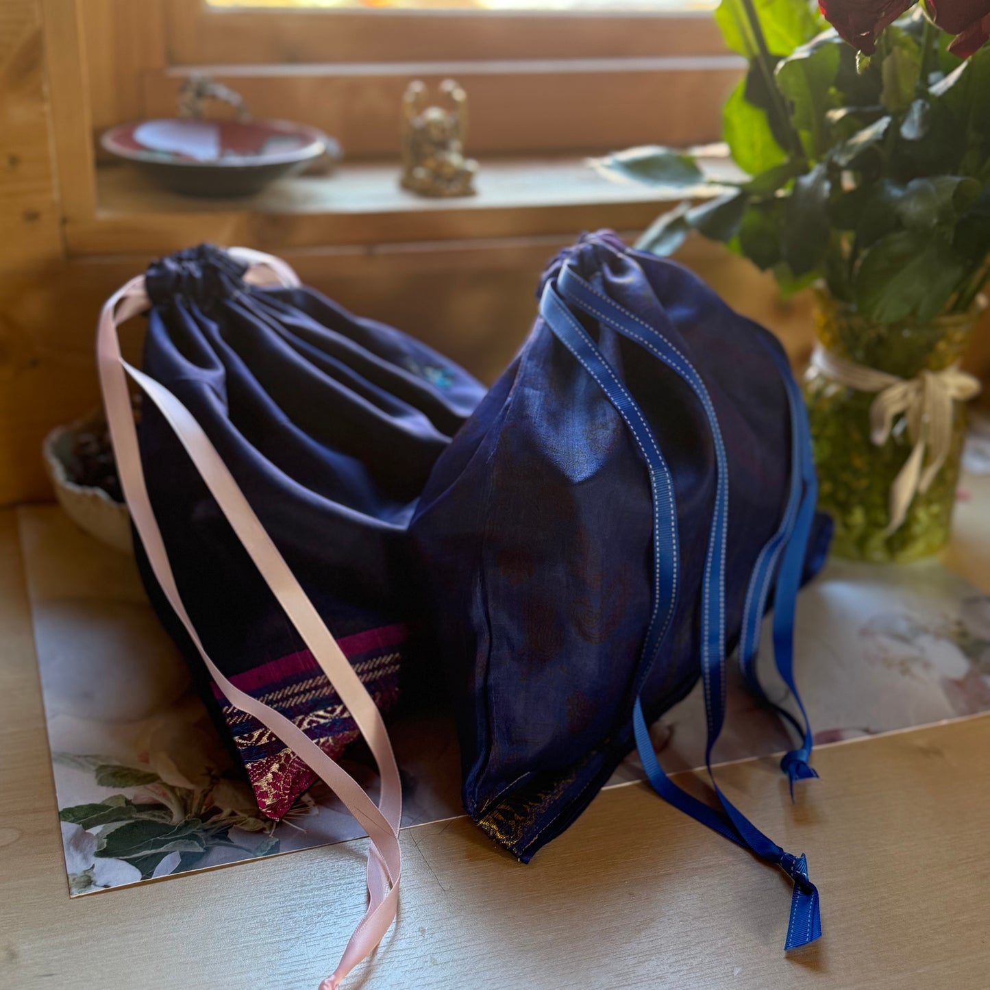 Handmade Blue and Pink Silk Gift Bag made from reclaimed saree fabric, Drawstring Pouch, Reusable Gift Bag