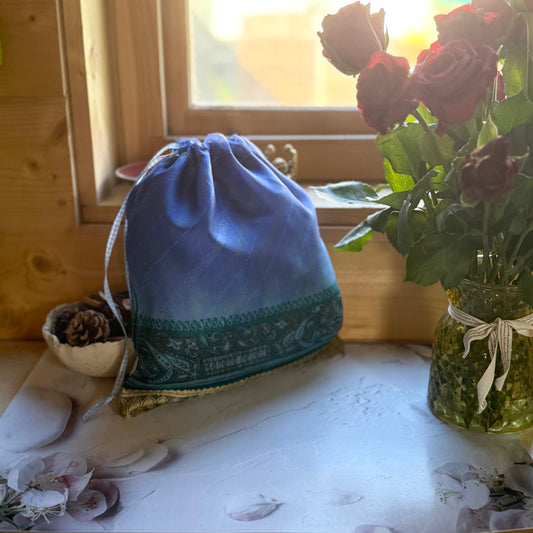 Handmade Blue Silk Gift Bag with Green and Gold Band made from reclaimed saree fabric, Reusable Christmas Gift Bag,
