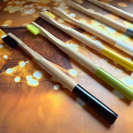Family Set of 6 Stylist Bamboo Toothbrushes each with a separate coloured handle for easy identification