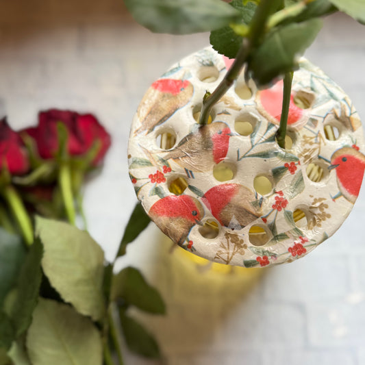 Decorative flower arranging frog with robin robins 