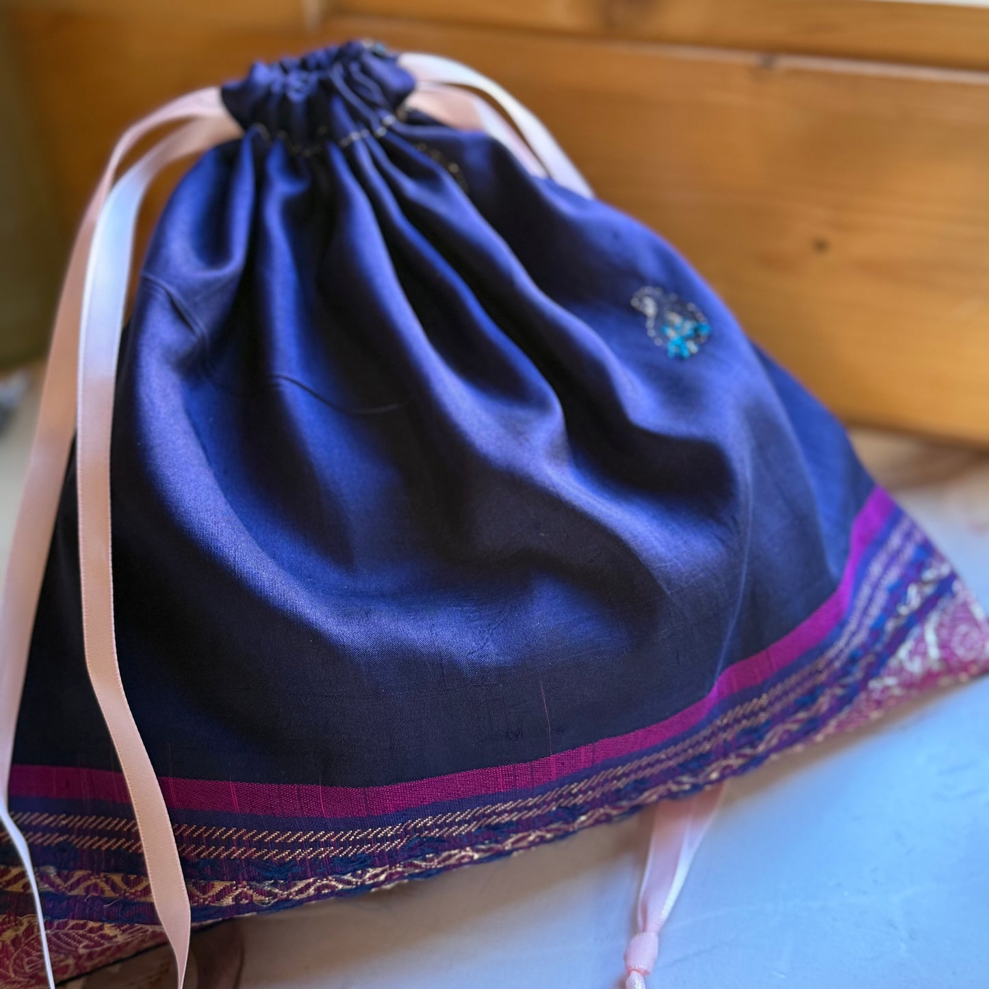 Handmade Blue and Pink Silk Gift Bag made from reclaimed saree fabric, Drawstring Pouch, Reusable Gift Bag