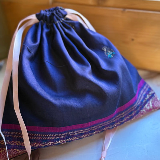 Handmade Blue and Pink Silk Gift Bag made from reclaimed saree fabric, Drawstring Pouch, Reusable Gift Bag