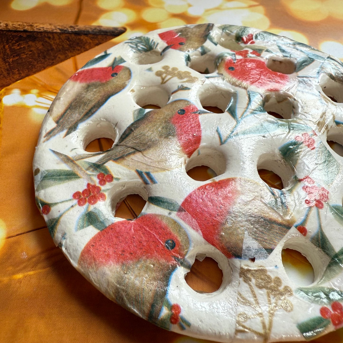 Handmade Christmas Robin Flower Frog: Ceramic Floral Arranging Disc