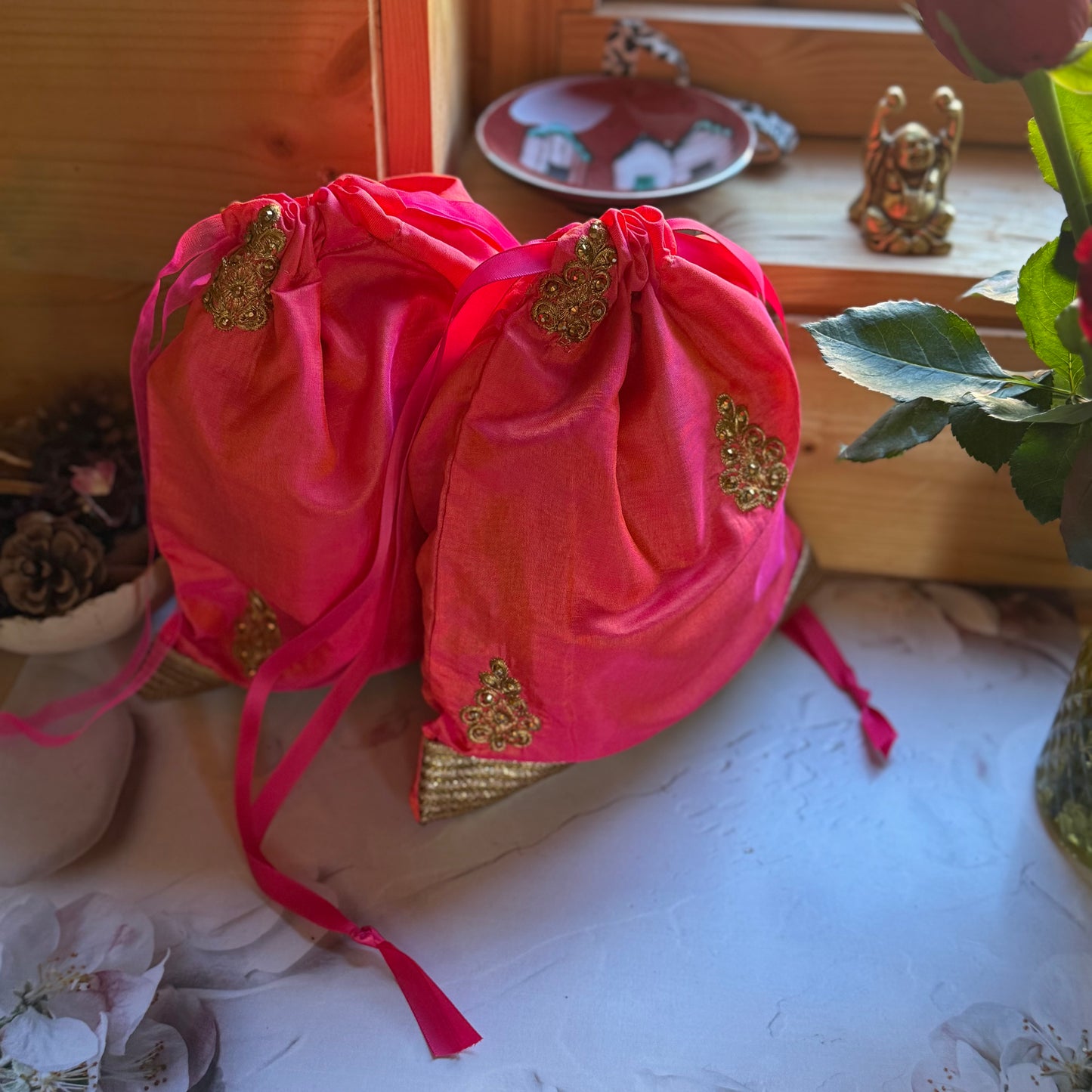 Handmade Orange and Gold Silk Gift Bag made from reclaimed saree fabric: Floral Drawstring Pouch