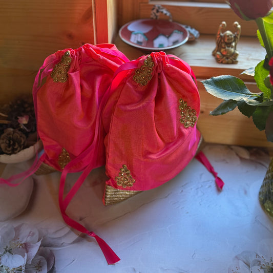 Handmade Orange and Gold Silk Gift Bag made from reclaimed saree fabric: Floral Drawstring Pouch