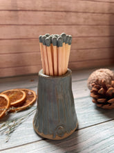 Load image into Gallery viewer, Hand-thrown Match Pot and Strike, Matches and Strike Pad, Multi-Coloured Extra Long Matches, Gift for Candle Lovers, Matchstick Pot
