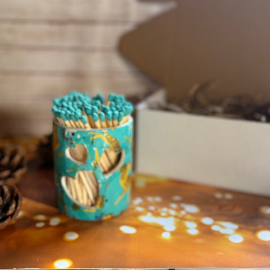 Turquoise Cheetah Hand Decorated Match Pot with Strike and Turquoise 10cm Matches
