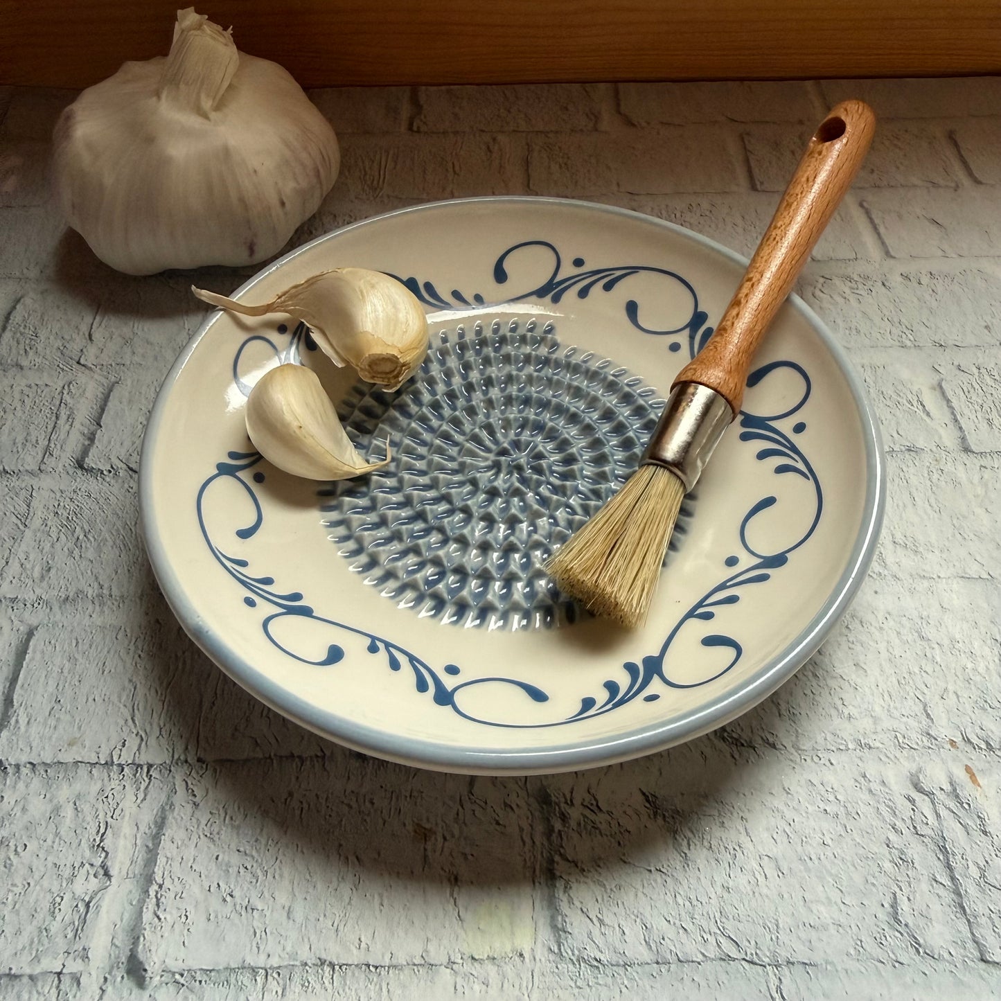 Handmade Ceramic Garlic, Ginger and Vegetable Grater Plate and with Brush (Optional), Garlic Grater Plate