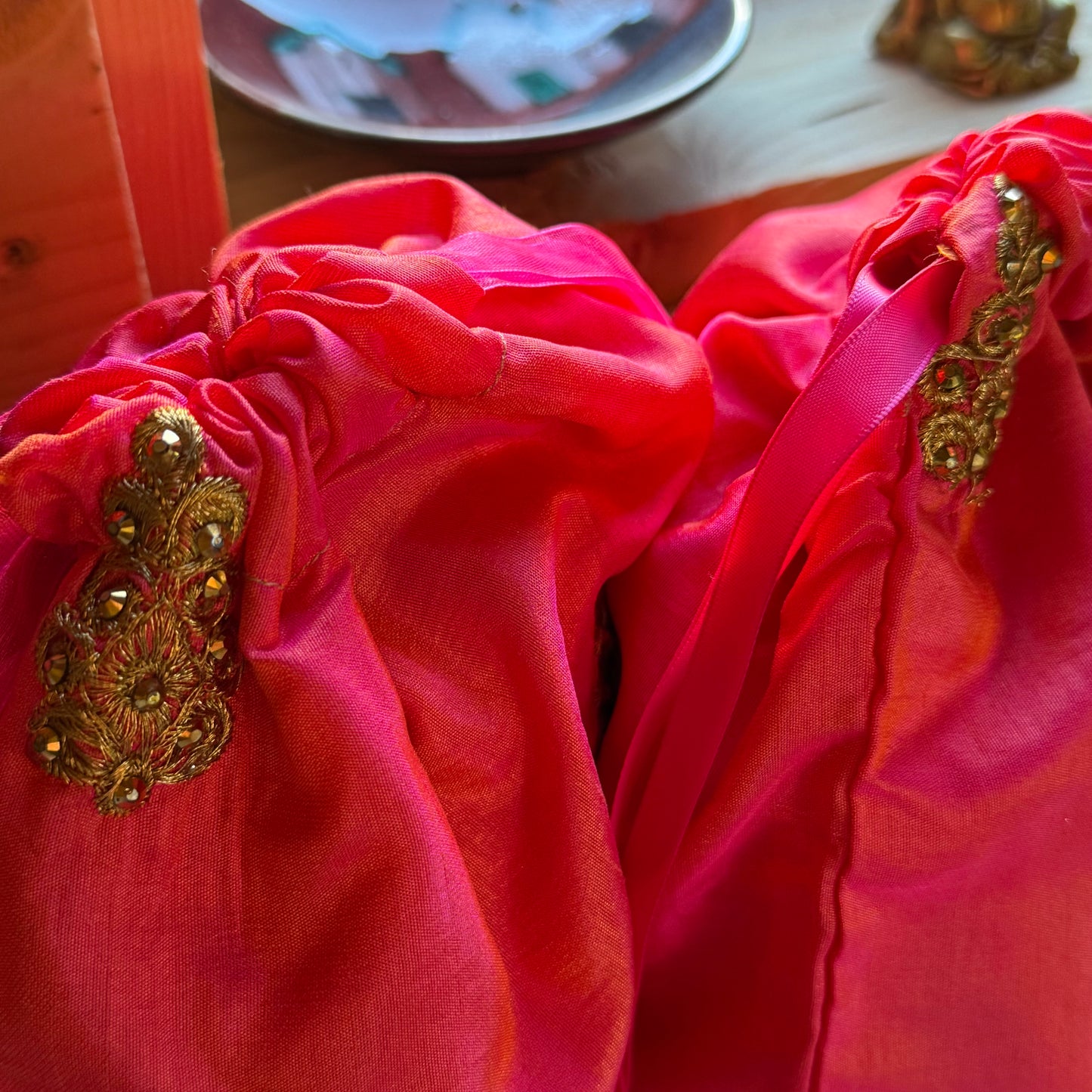 Handmade Orange and Gold Silk Gift Bag made from reclaimed saree fabric: Floral Drawstring Pouch